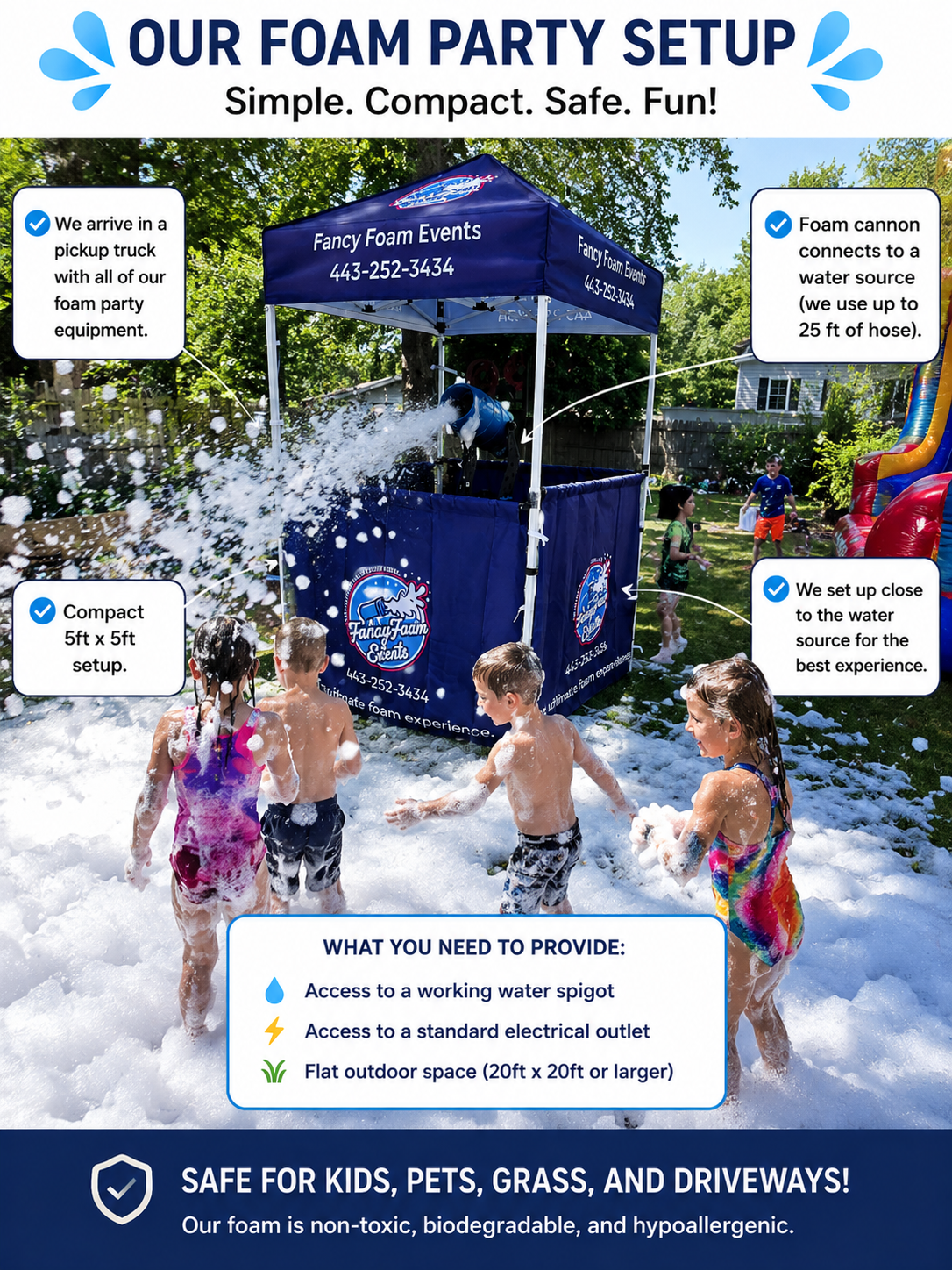 Fancy Foam Events setup — compact 5x5 tent, pickup truck arrival, foam cannon, kid-safe foam